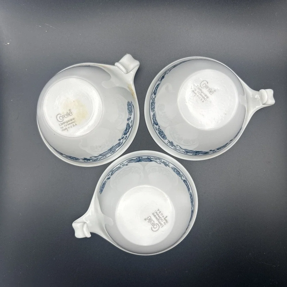 Vintage Corelle Ware Old Town Blue Pattern Hook Tea/Coffee Cups - Set of 3